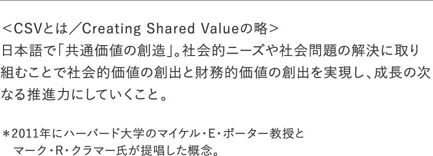 ＜CSVとは／Creating Shared Valueの略＞日本語で「共通価値の創造」。社会的ニーズや社会問題の解決に取り組むことで社会的価値の創出と財務的価値の創出を実現し、成長の次なる推進力にしていくこと。※2011年にハーバード大学のマイケル・E・ポーター教授とマーク・R・クラマー氏が提唱した概念。